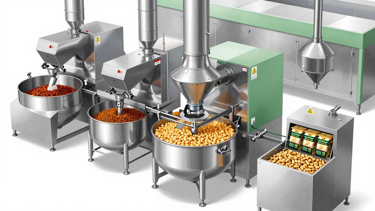 Industrial food processing machinery handling dry goods and spices efficiently