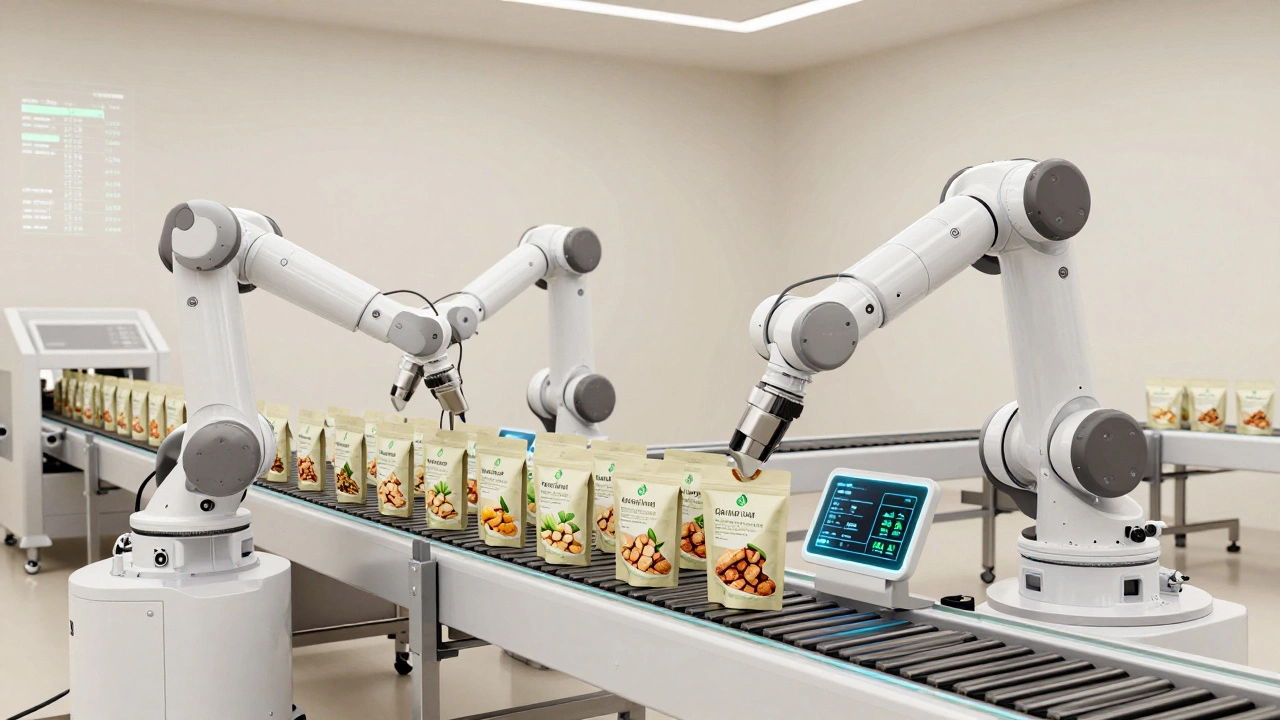 Robotic arms filling biodegradable packages with plant-based snacks in automated facility