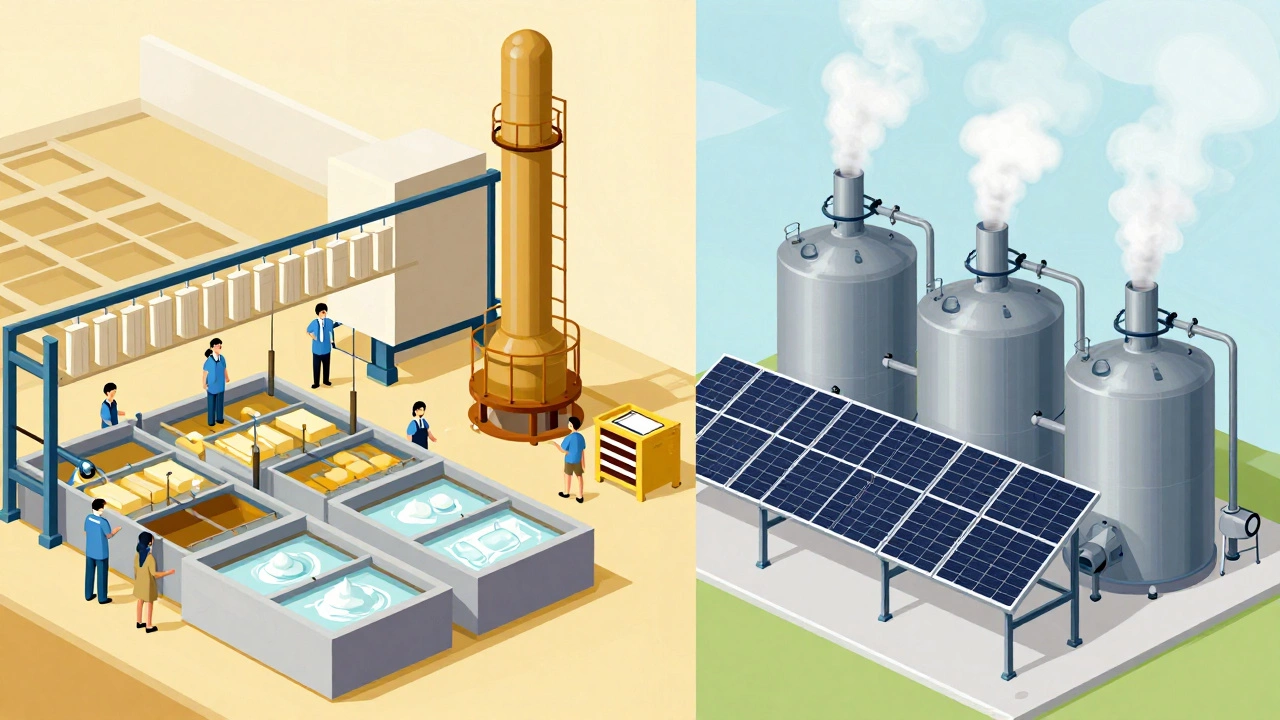 Split illustration comparing a traditional textile dye factory with a modern solar-powered chlorine plant in Gujarat.