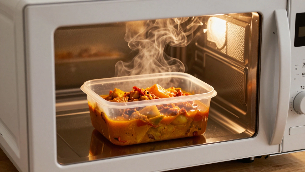 Steaming food in a heat-resistant plastic lunchbox.