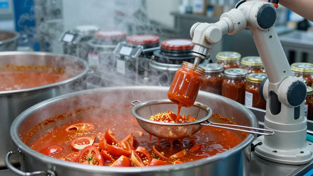Tomato sauce being made in stainless steel vats, filtered, and filled into jars by robotic arms.