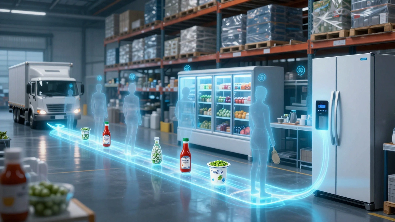 Transparent cold chain pathway showing food transport from factory to home fridge with temperature monitoring.