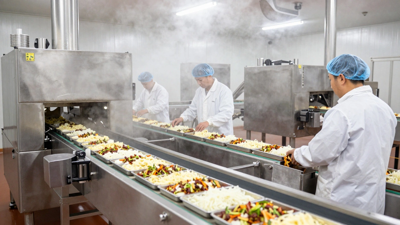 Workers in white uniforms monitoring food processing conveyor belts