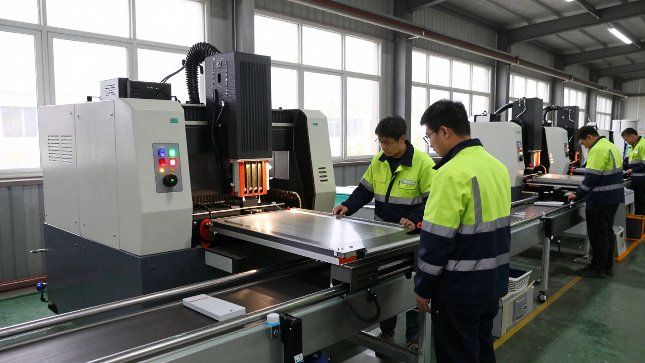 Workers inspecting CNC-machined thermal plates for electric vehicle chargers in a small factory.