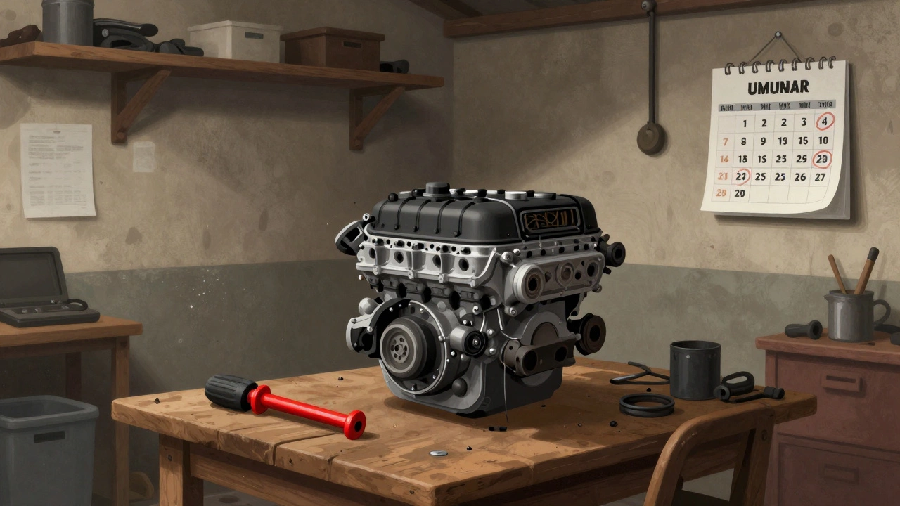 A disassembled car engine in a rustic garage symbolizing the lack of spare parts.