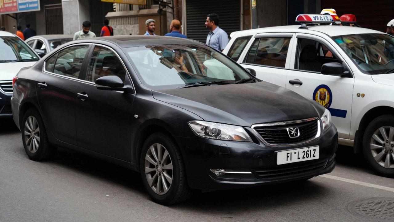 A matte black private car parked next to an official Indian police vehicle on a street