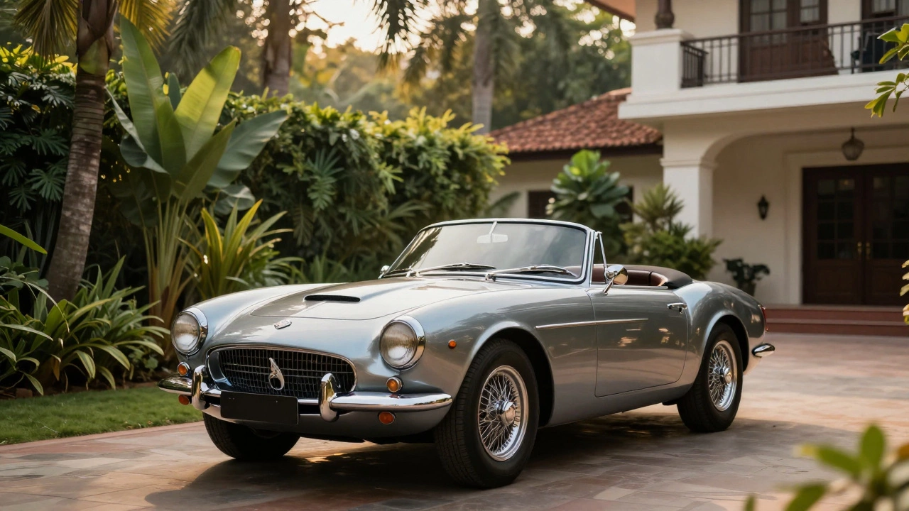 A vintage classic European car parked in a luxury Indian residence