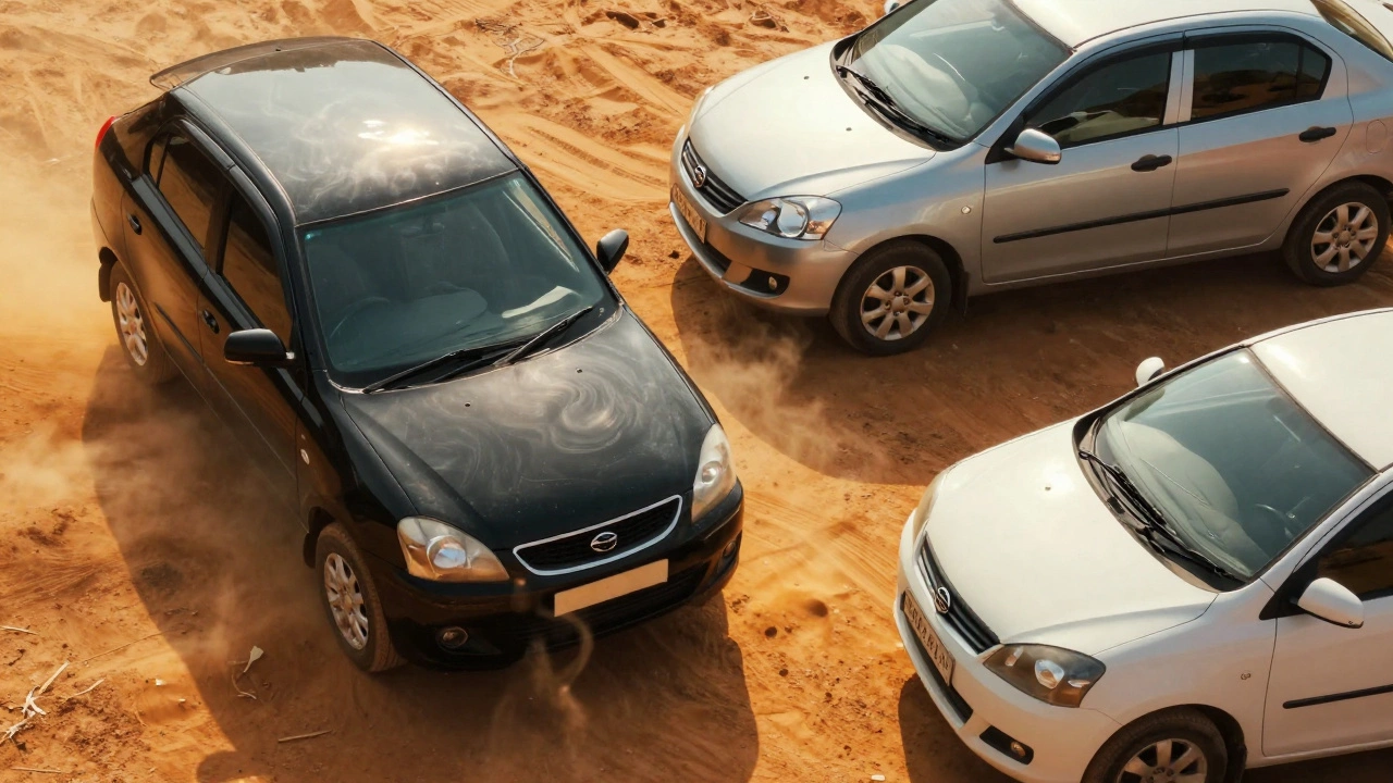 Black and silver cars on a hot Indian road showing the effect of heat and visibility