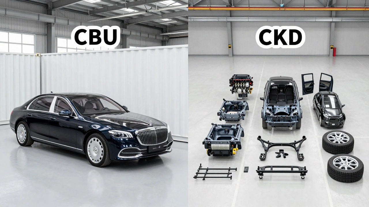 Comparison of a fully assembled imported car versus a kit of parts for local assembly