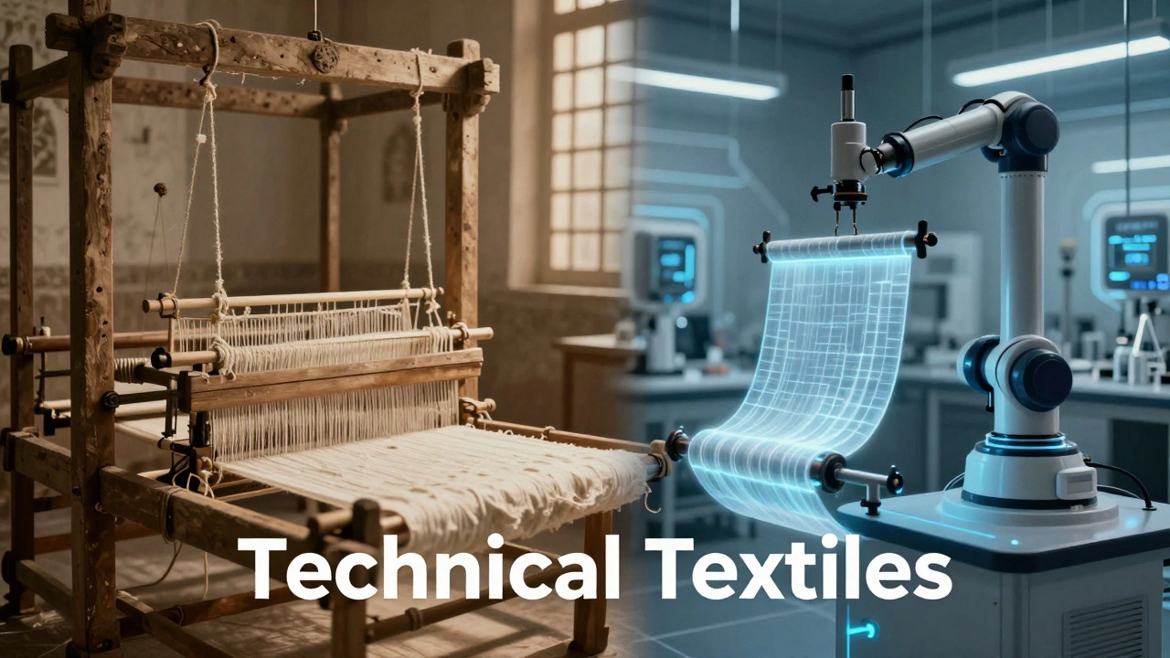 Comparison of a traditional cotton loom and a futuristic technical textile lab