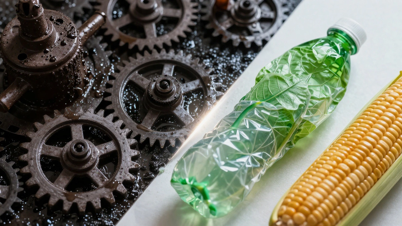 Conceptual image contrasting industrial petroleum plastics with green bioplastics