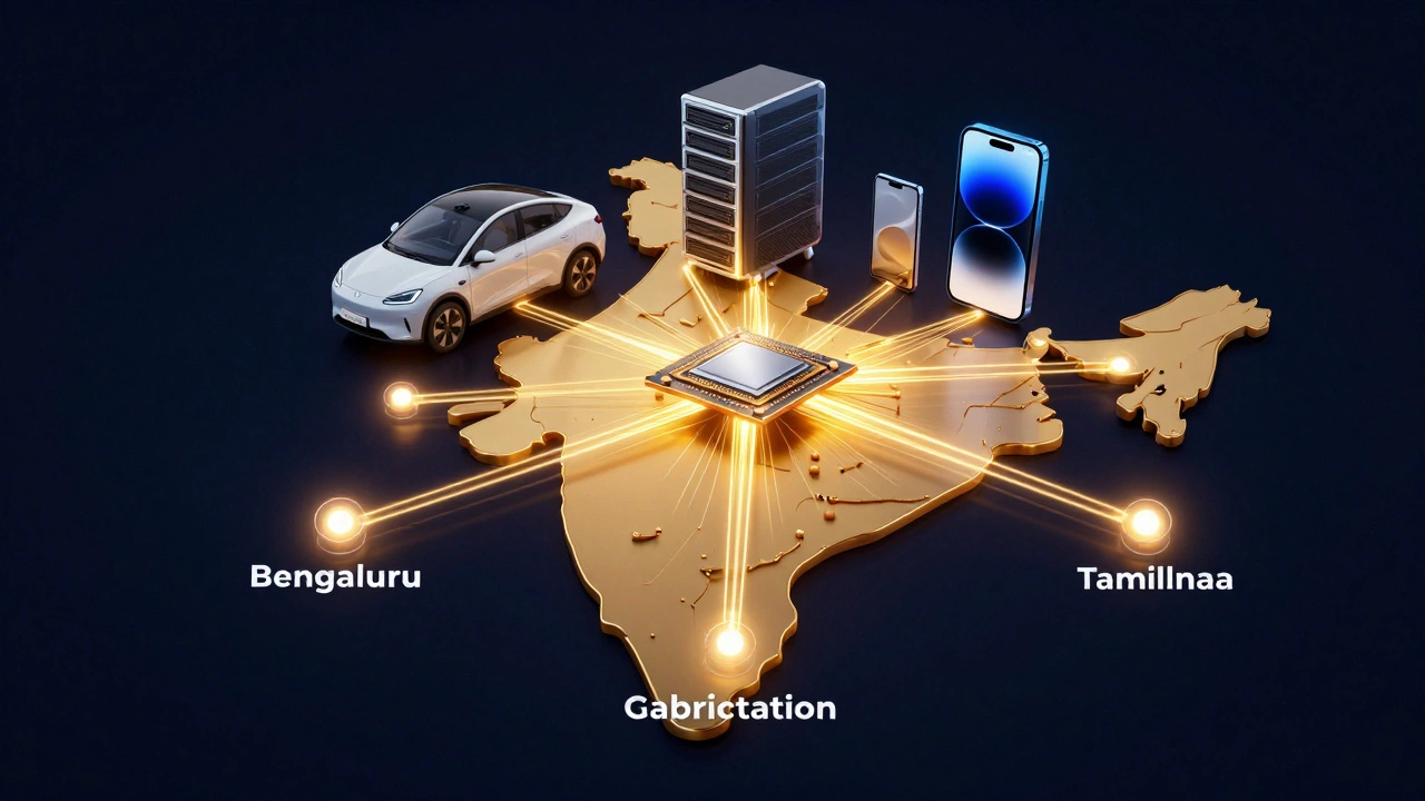 Conceptual map of India showing connected semiconductor hubs and electronic devices