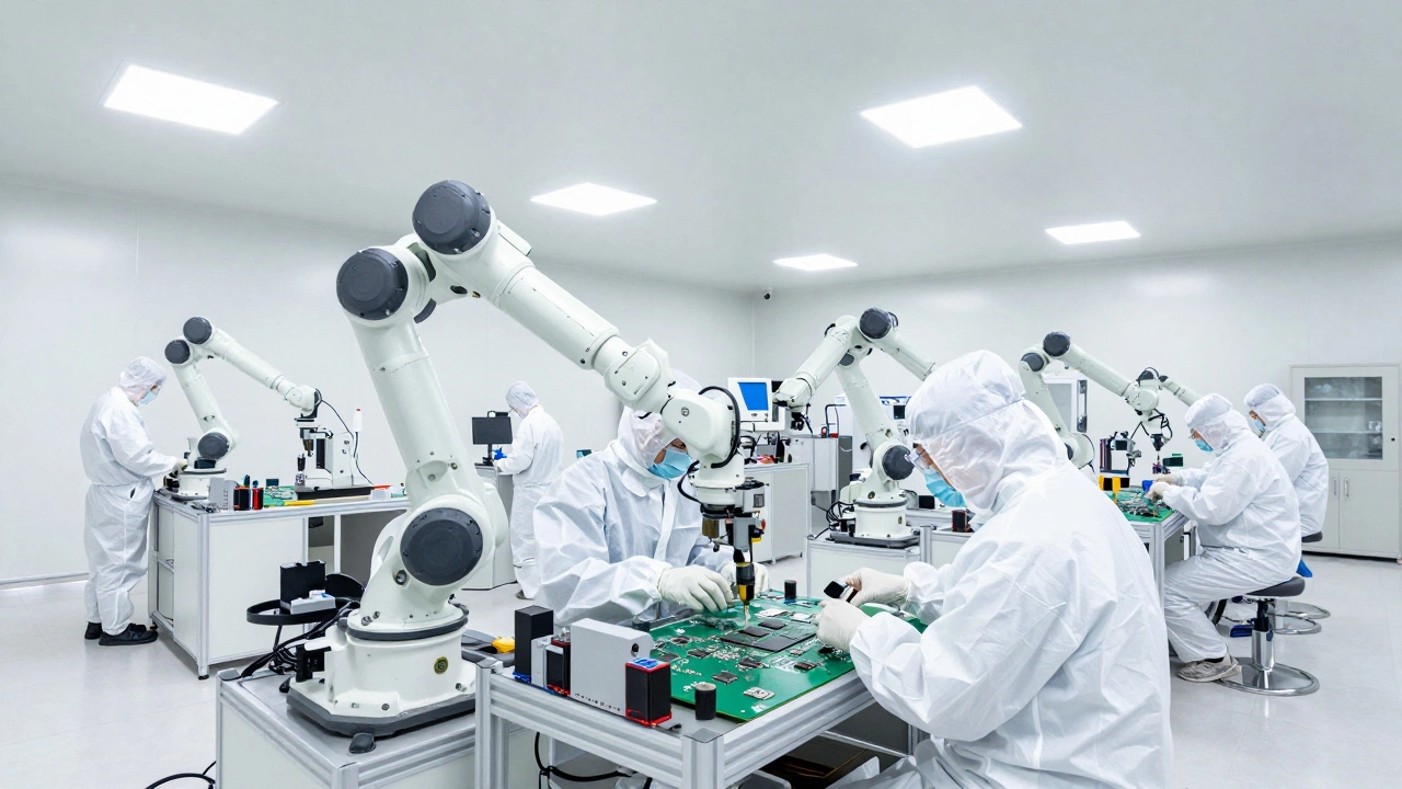 Engineers in white clean room suits working with robotic chip assembly arms
