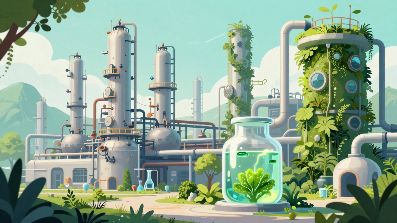 Futuristic green chemistry plant blending sustainable industrial design with nature