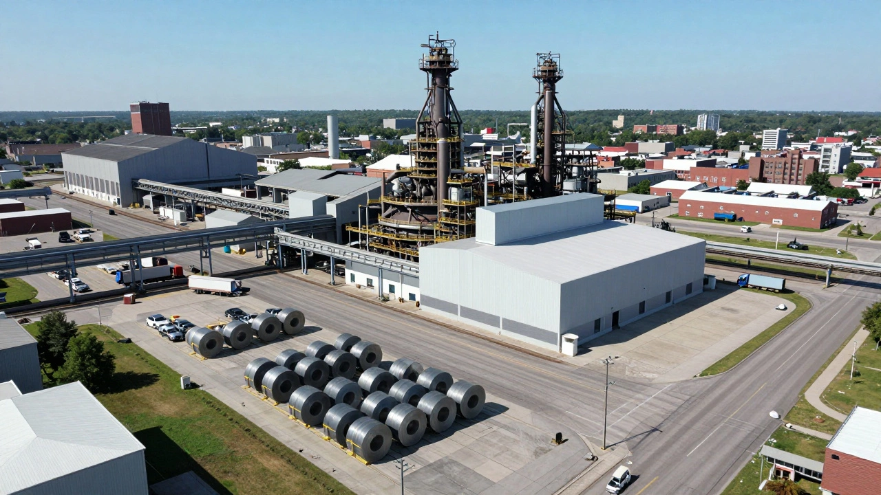 Aerial view of new steel plant infrastructure and shipping logistics in Gary, Indiana