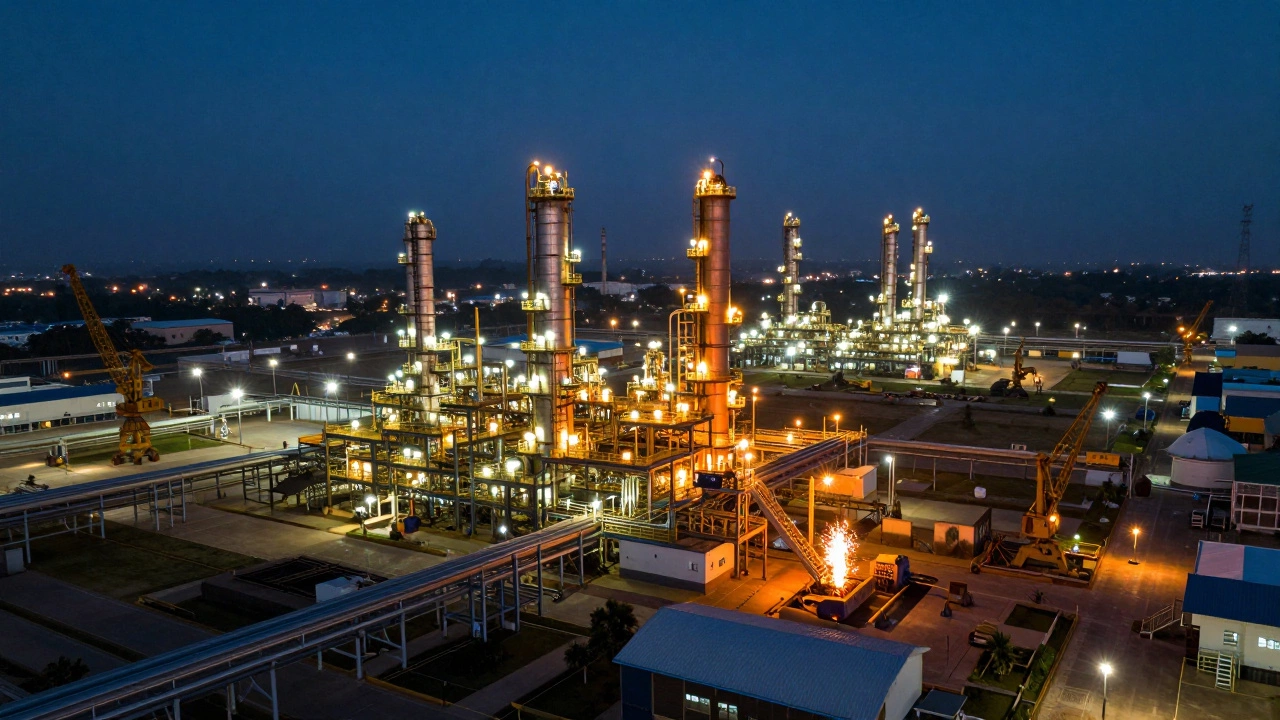 Aerial view of Reliance Industries Jamnagar refinery complex in India at twilight