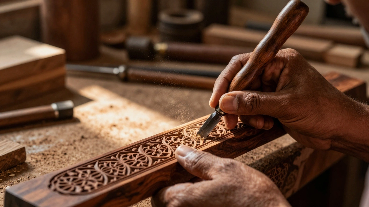 Artisan hand-carving intricate details into solid teak wood