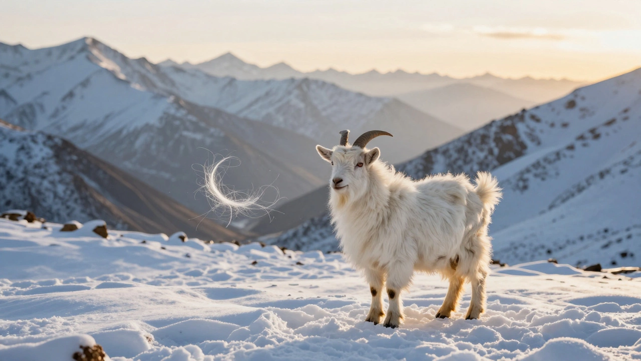 Changthangi goat in snowy Himalayas with floating Pashmina fiber strands.