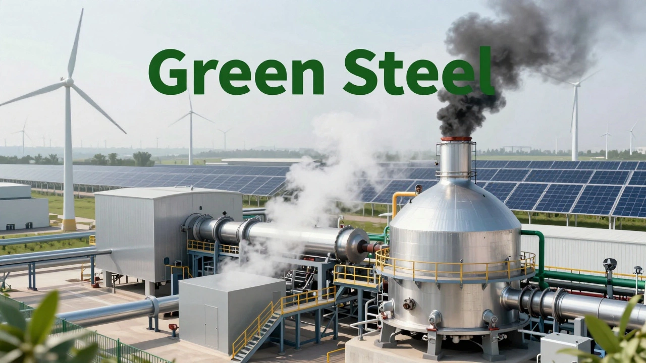 Clean green steel plant using hydrogen with steam rising, no smoke.