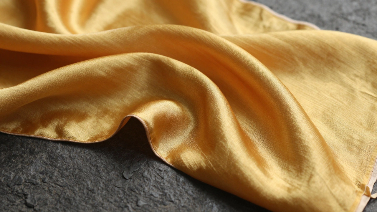 Close-up of glowing golden Muga silk fabric draped on a dark stone surface.