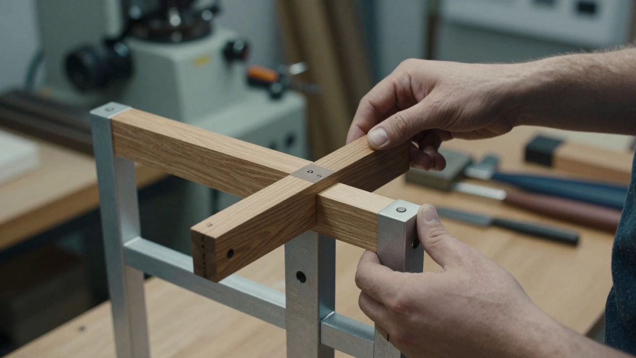 Close-up of precise wooden joinery and steel frame in a German furniture workshop.