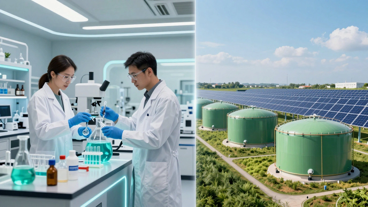 Conceptual image comparing specialty chemistry labs with green hydrogen energy fields