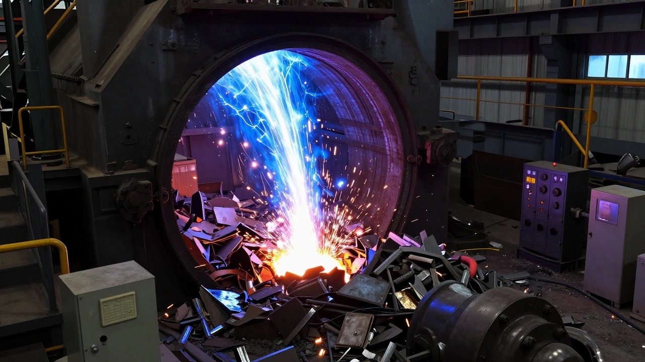 Electric Arc Furnace melting scrap steel with intense blue electrical arcs and sparks