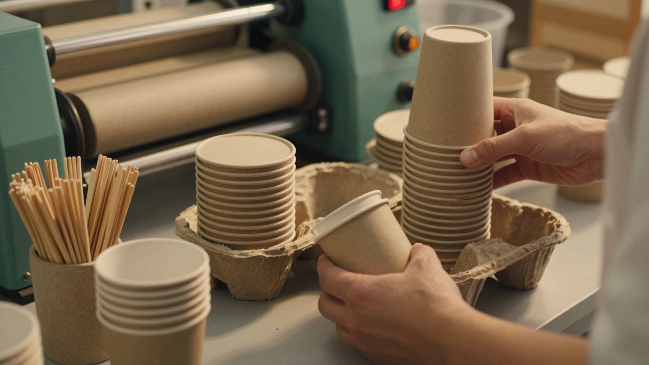 Hands stacking eco-friendly paper and mycelium packaging
