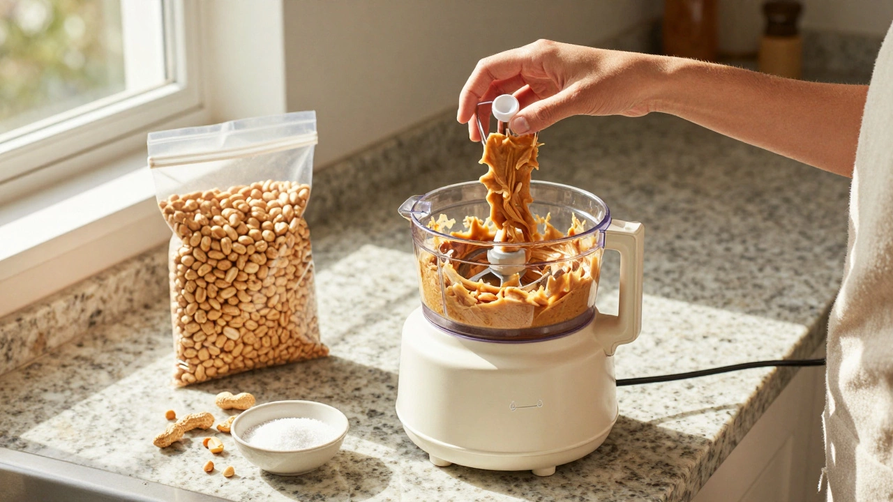 Homemade peanut butter being prepared in a food processor with raw peanuts nearby