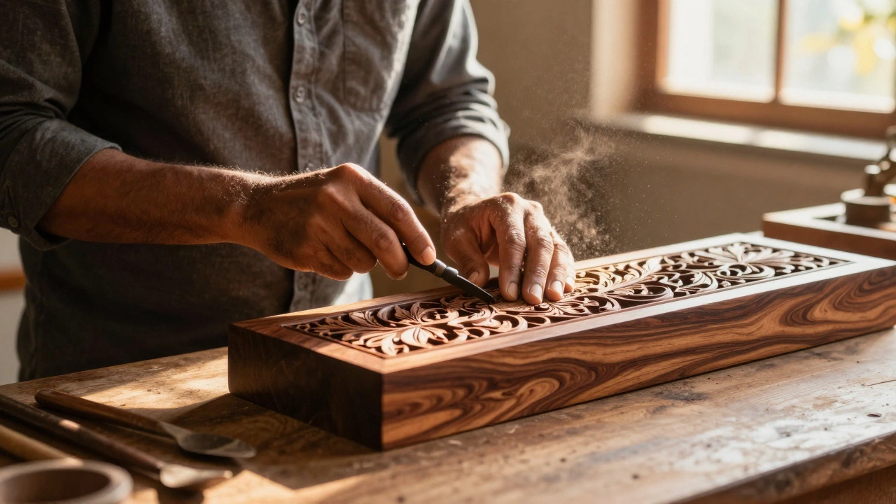 Indian artisan hand-carving intricate details into a block of dark teak wood.