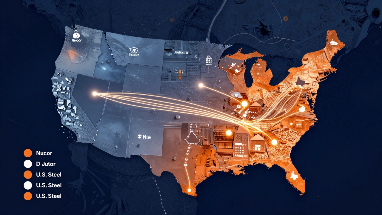 Map showing US steel production shifts from Midwest to Southern states.