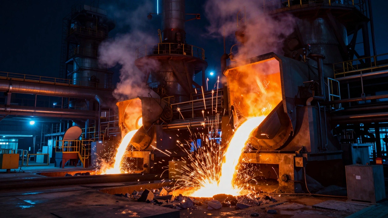 Molten steel flowing in a brightly lit industrial factory