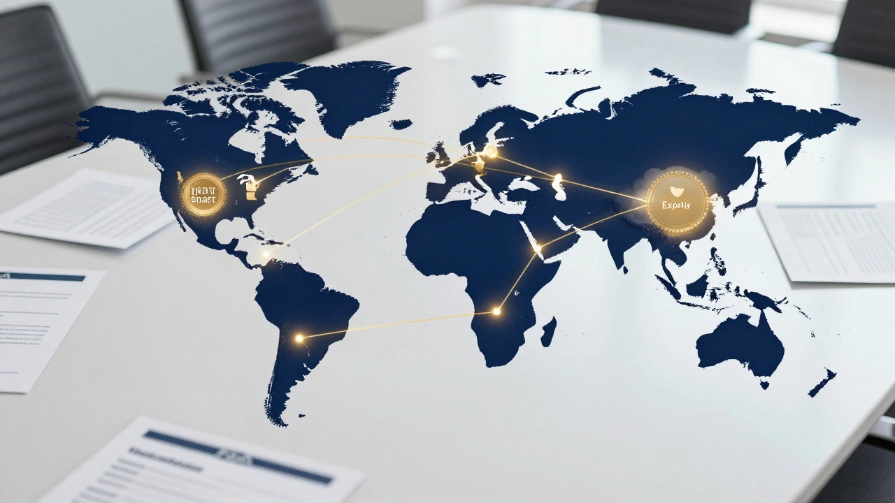 Abstract visualization of global pharmaceutical trade routes and regulatory maps