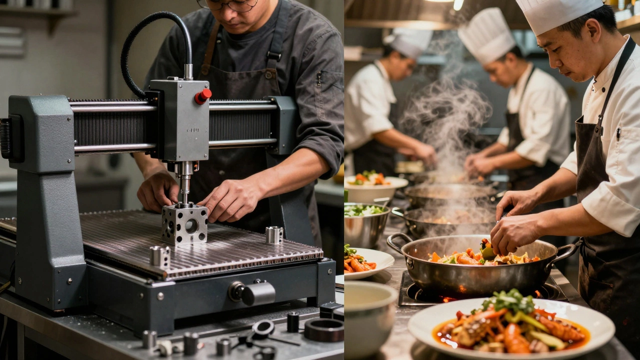 Artisan crafting parts and chefs cooking in small business settings