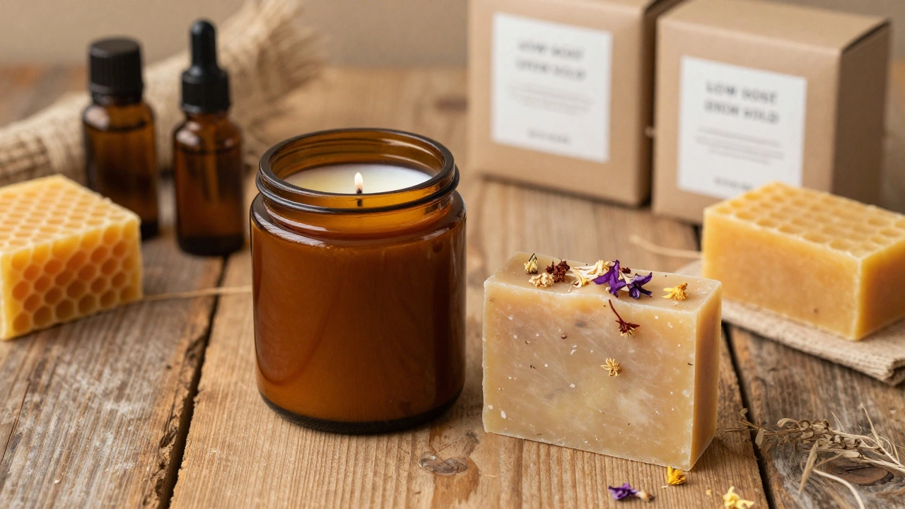 Artisanal candles and handmade soaps displayed with raw ingredients
