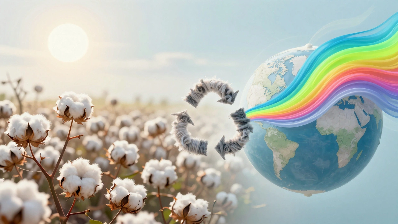 Artistic blend of organic cotton fields and synthetic fiber streams