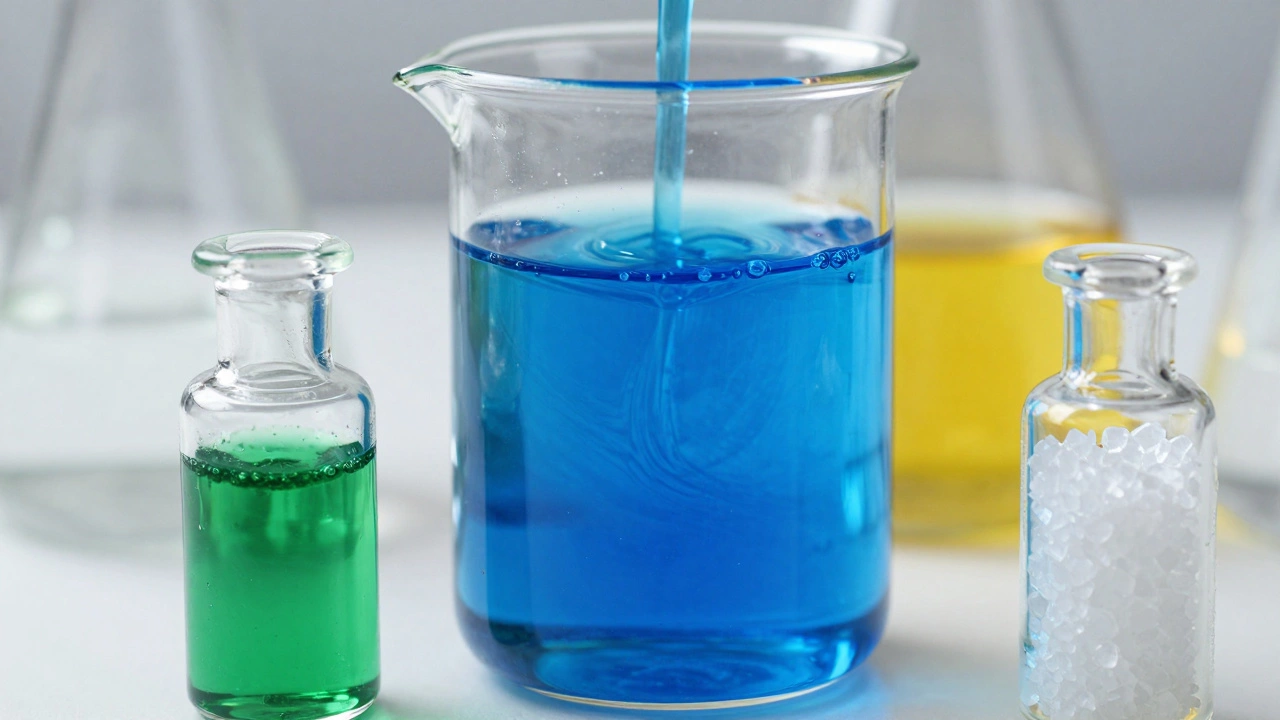 Close-up of colorful specialty chemicals in lab glassware