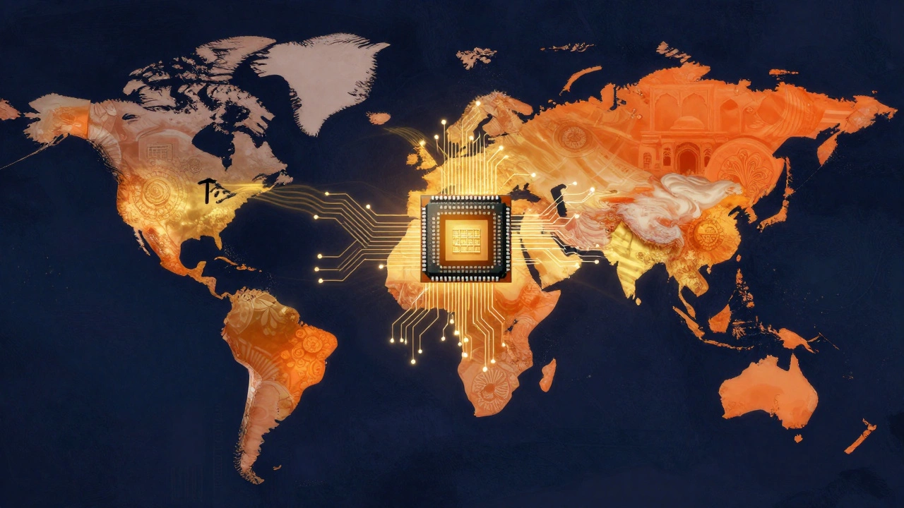 Conceptual art of global chip supply chain connecting to India via golden light