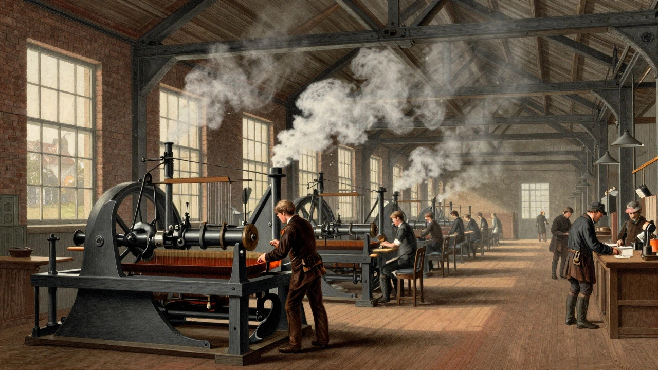 Early industrial factory powered by steam engines and textile machines