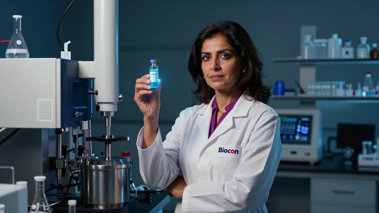 Female scientist holding a vial in a high-tech biotech laboratory setting