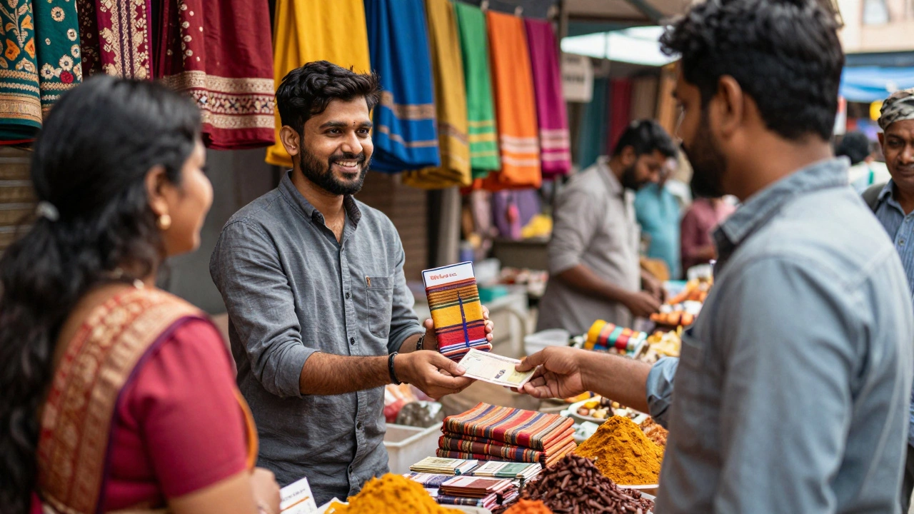 Founder selling handmade goods directly to customers at a market