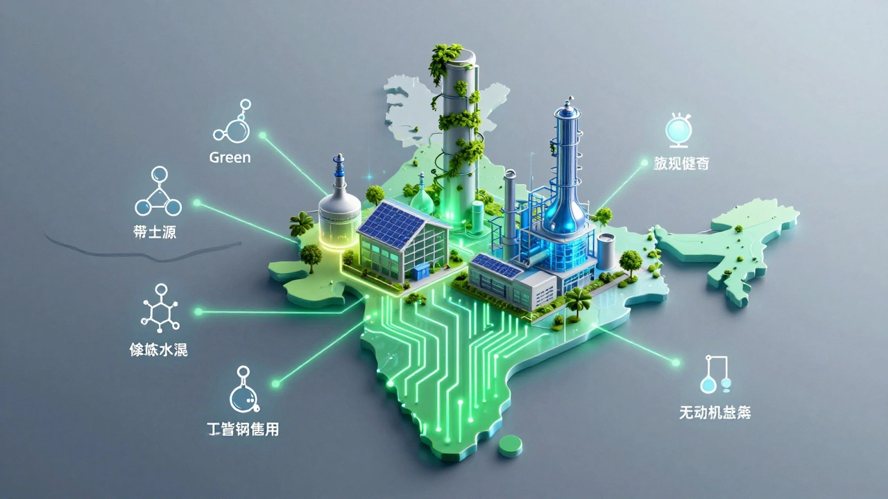 Futuristic concept art showing India's green chemical industry growth