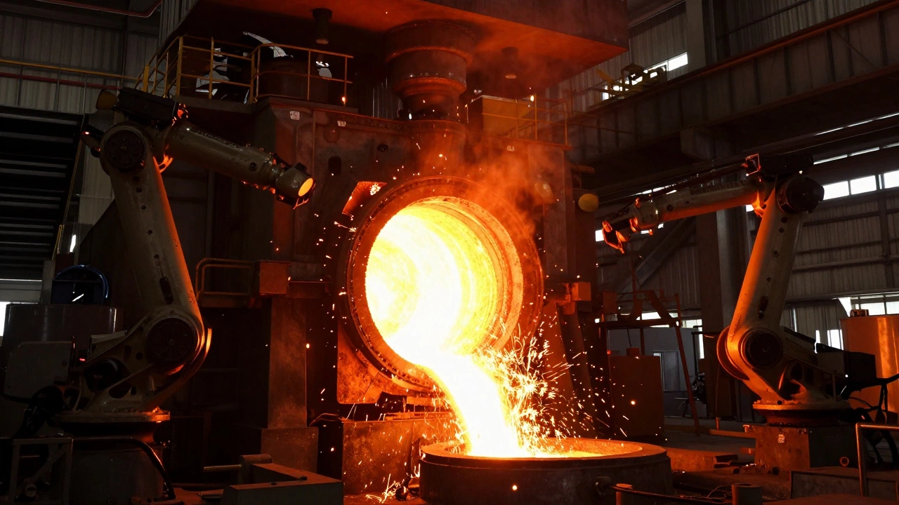 Glowing electric arc furnace inside a modern steel mill