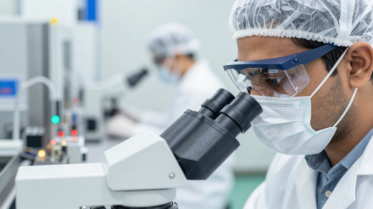 Indian engineer inspecting microchips under a microscope in a cleanroom