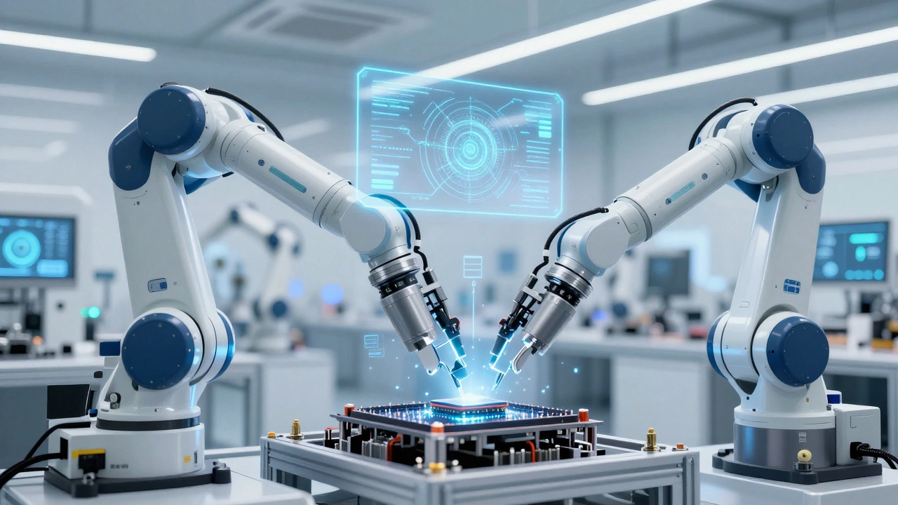 Modern automated factory with robots and holographic data displays