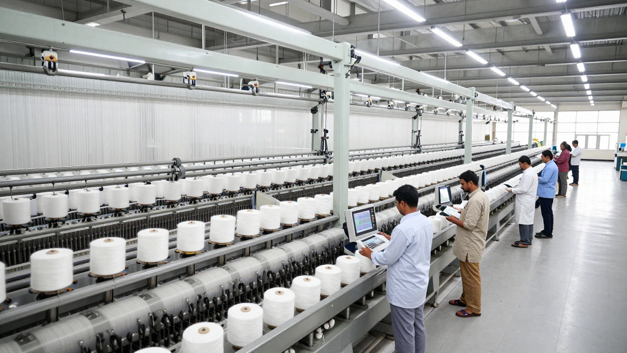 Modern automated spinning mill machinery processing yarn