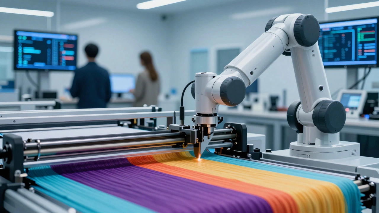 Robotic arm cutting fabric in a high-tech automated textile factory