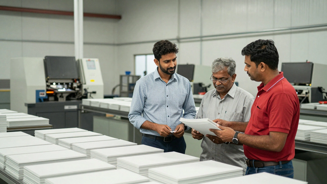 Startup founder collaborating with factory workers in a workshop