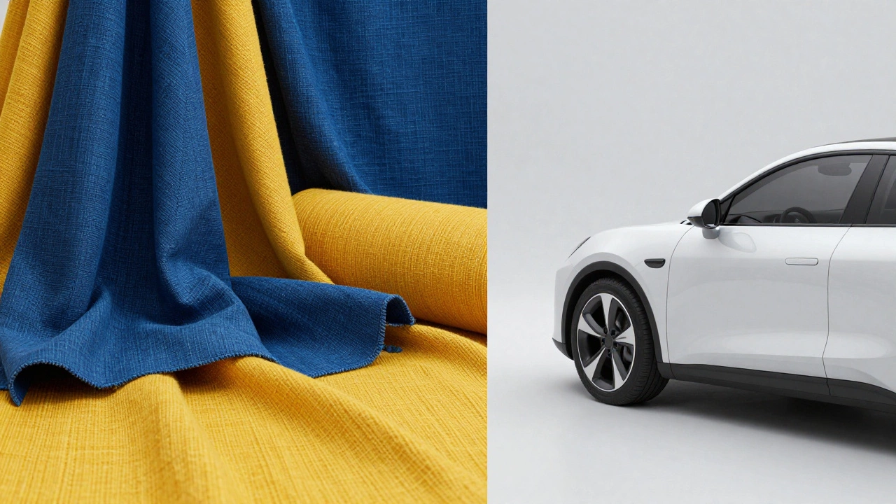 Vibrant organic fabrics next to futuristic technical textiles