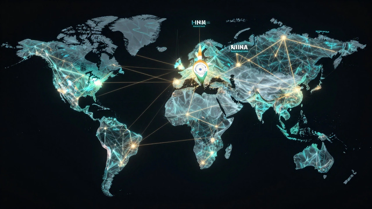 Abstract visualization of global electronics supply chain connections